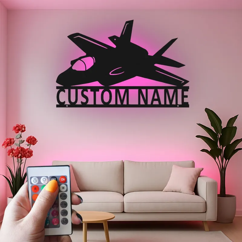 Insegna LED a forma di jet da combattimento personalizzata | Arte da parete in metallo per aviazione | Regalo personalizzato per piloti | Decorazione per rifugi maschili di aerei militari