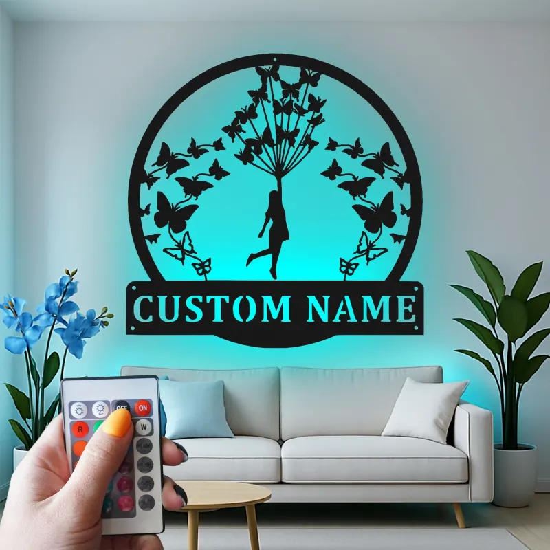 Personalisierte LED-beleuchtete Metall-Wandkunst mit Mädchen und Schmetterlingen – Geschenk für Sie, Schlafzimmer- oder Kinderzimmerdeko