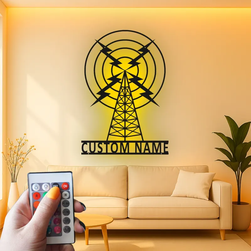 Personalisierte Metall-Schild eines Funkmastes | LED Vintage Broadcasting Kunst | Individuelles Geschenk für Funkamateur | Retro Studio Wanddekoration