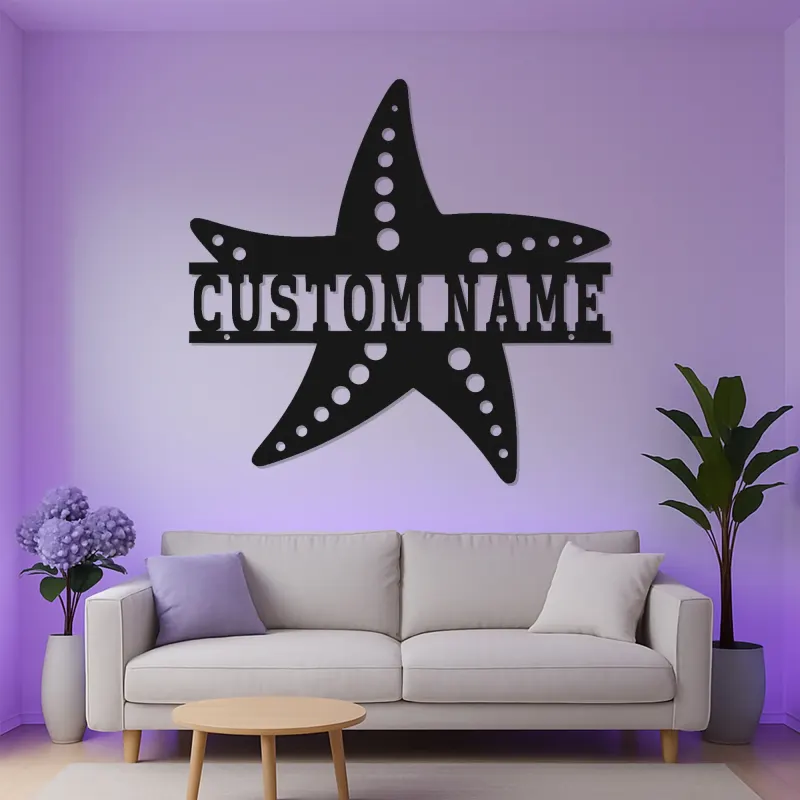 Letrero LED personalizado con estrella de mar | Arte mural de metal | Decoración náutica para casa de playa | Idea de regalo para negocio y hogar costero