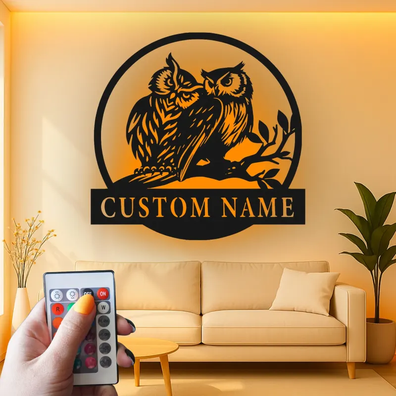 Insegna LED Personalizzata con Gufo | Arte in Metallo del Gufo Cornuto | Regalo per Amanti della Natura per Cabin o Decorazione per Casa
