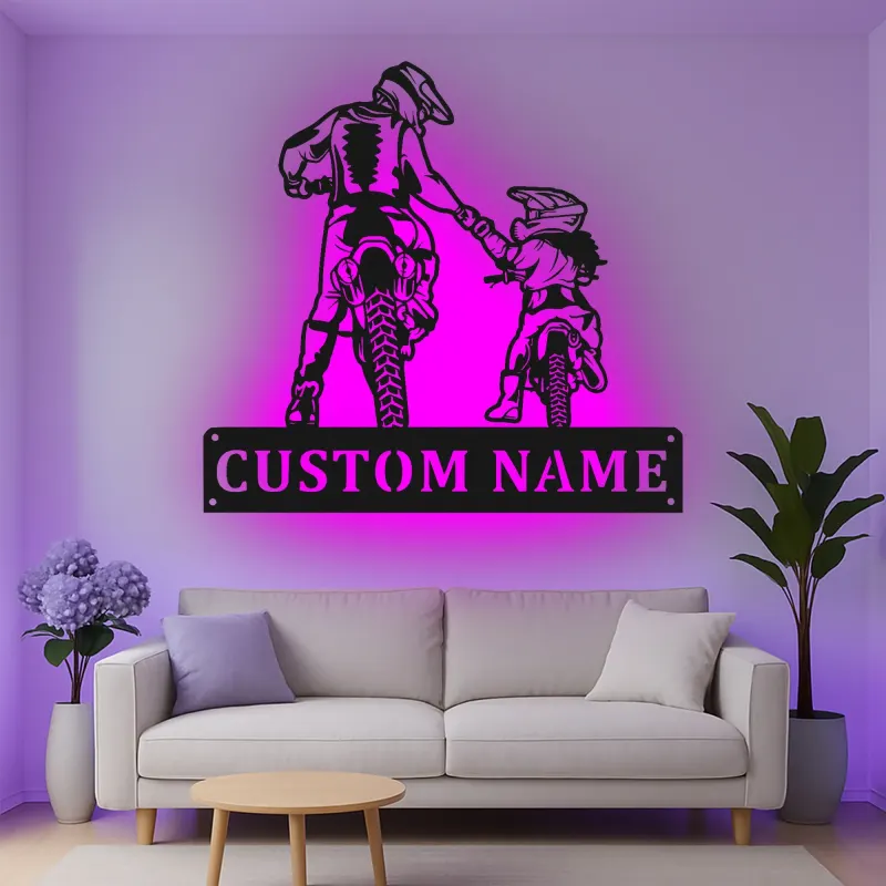 Personalisierte Motocross Vater und Kind LED Metall-Wandkunst – Geschenk für Papa, Garage oder Man Cave Dekor