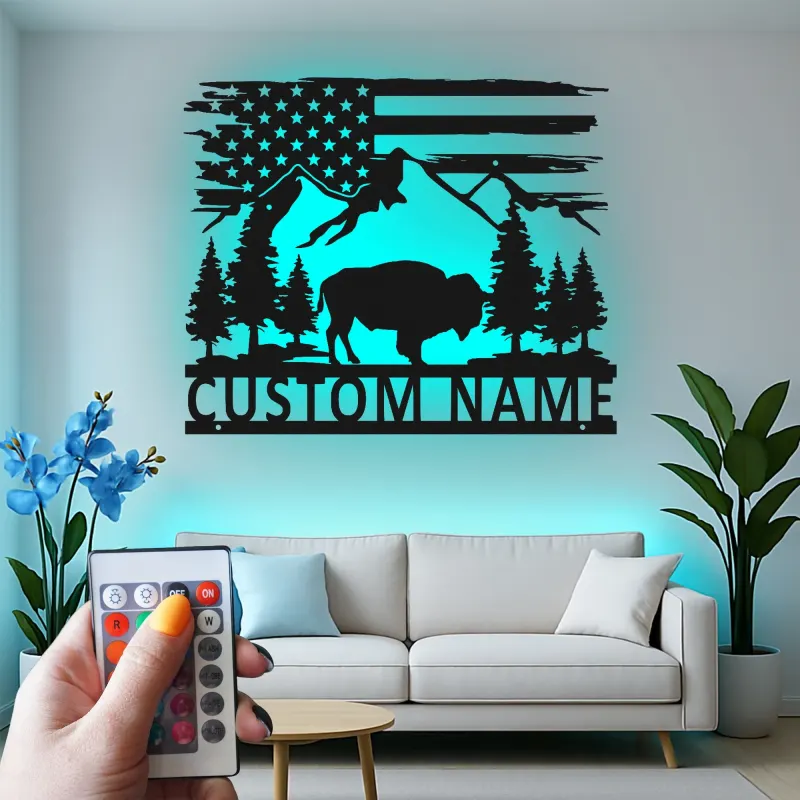 Custom Bison and Mountains Led Light Metal Wall Art Personalized Nature Lover Gift Rustic Cabin Decor