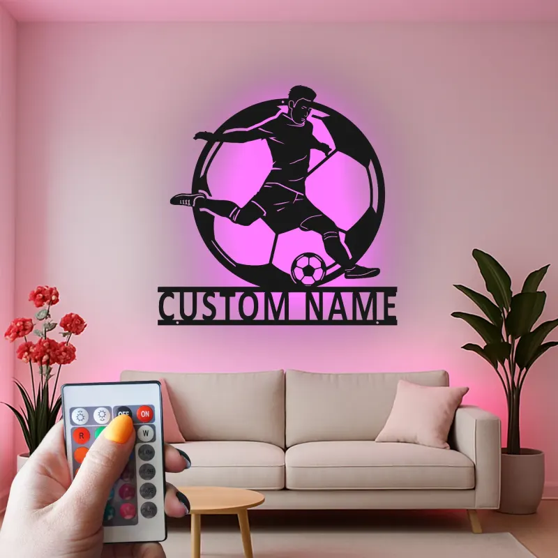 Panneau LED Personnalisé Joueur de Football | Décoration Murale en Métal Personnalisée | Cadeau Athlète pour Chambre d'Adolescent | Décor de Bar Sportif et Salle de Jeux