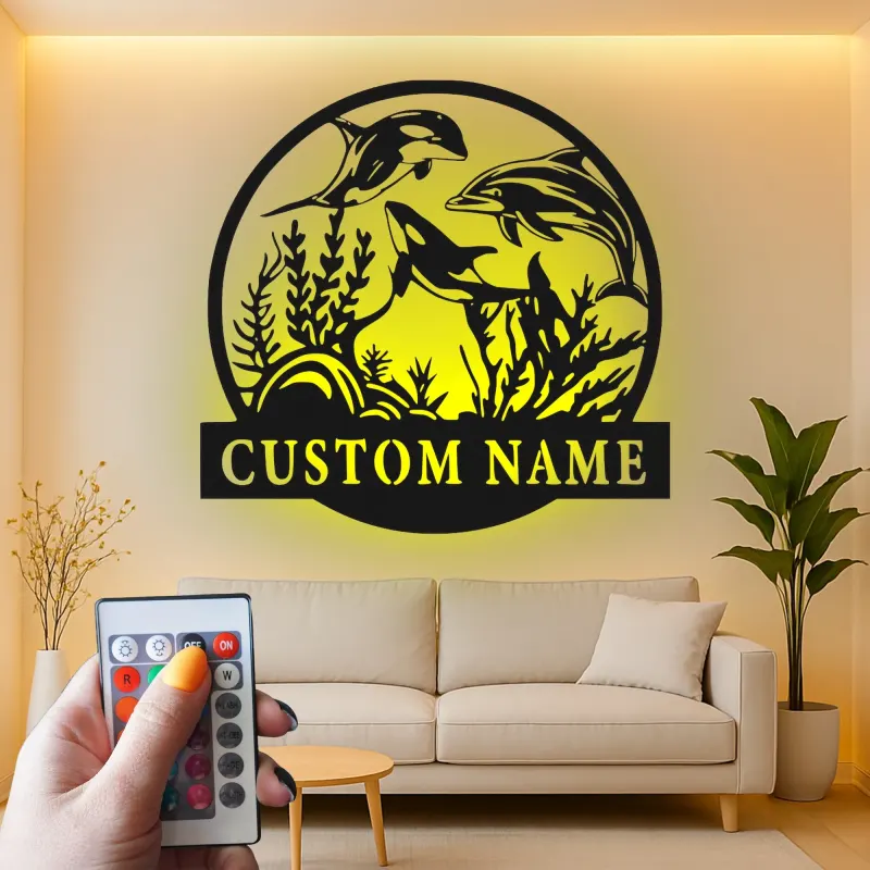 Insegna in metallo personalizzata con vita marina e luce LED regalo marino decorazione per casa costiera