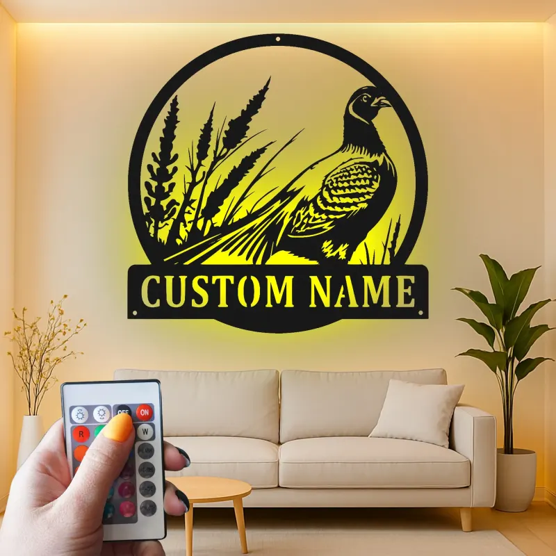 Insegna in Metallo Pheasant | Regalo Personalizzato per Cacciatori con Insegna LED con Nome | Decorazione per Cabina & Lodge