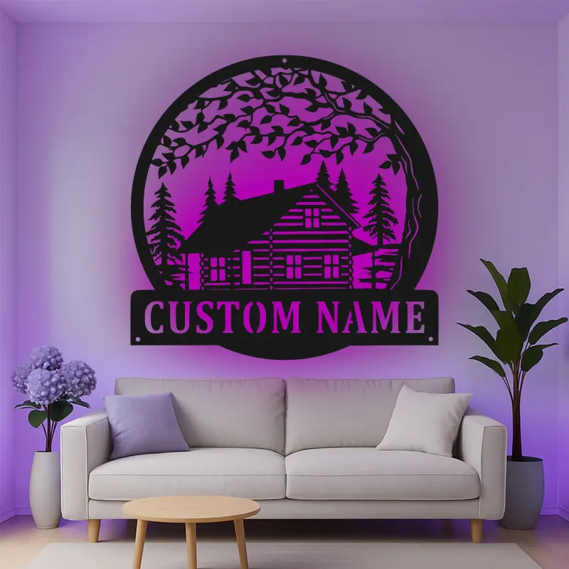 Cartel de metal personalizado con cabaña de troncos y luz LED, regalo de inauguración personalizado, decoración rústica para amantes de cabañas