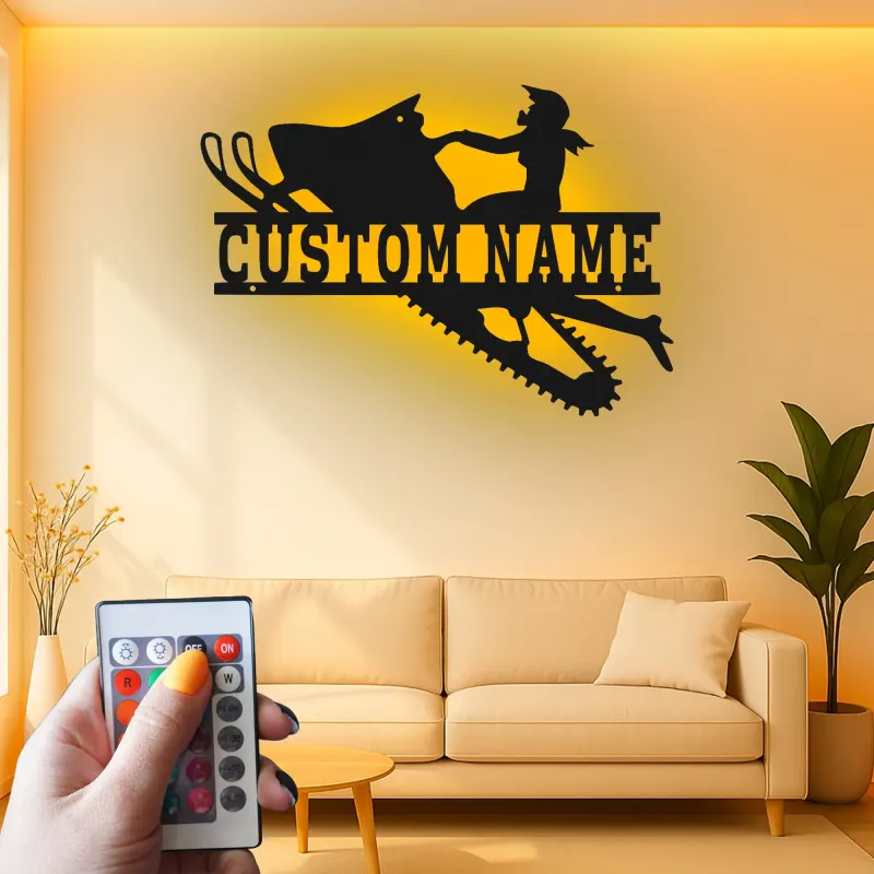 Personalisierte LED-Beleuchtung Metall-Wandkunst für Schneemobilfahrer – Geschenk für Schneemobil-Enthusiasten, Garage oder Hüttendekoration