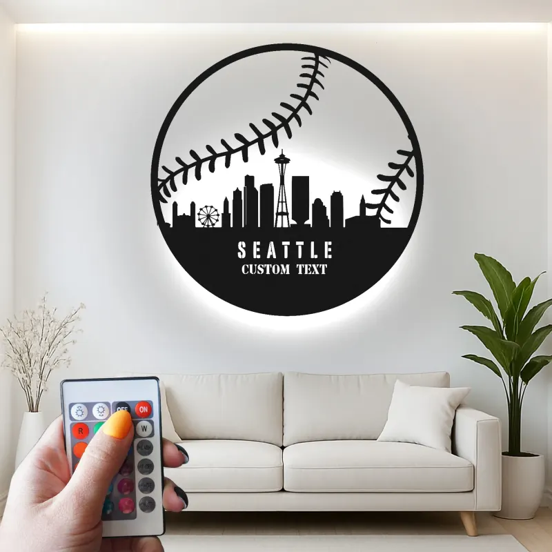 Seattle Skyline Baseball Sign | LED Metal Wall Art for Man Cave | Custom Sports Fan Gift