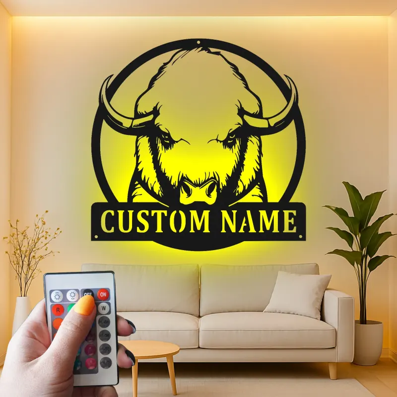 Custom Buffalo Led Light Metal Wall Art Personalized Rustic Gift for Home Living Room or Office Decor