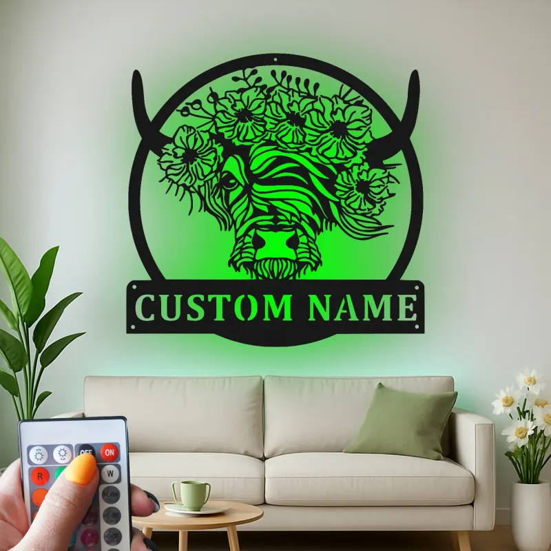 Custom Highland Cow LED Sign | Floral Metal Wall Art for Farmhouse Decor | Personalized Rustic Gift for Cow Lover