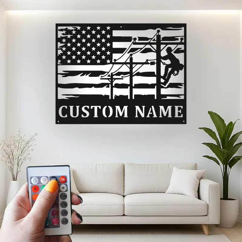 Lineman American Flag Metal Sign | Custom LED Wall Art | Personalized Gift for Electrician | Patriotic Home Decor