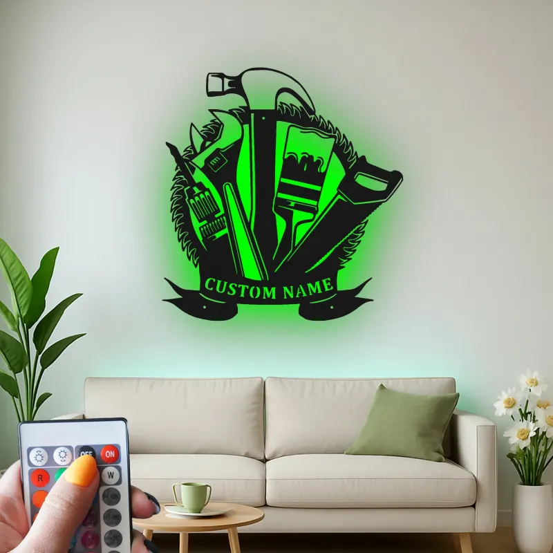 Cartel de metal personalizado con luz LED de juego de herramientas para regalo de manitas, decoración de garaje o taller 3