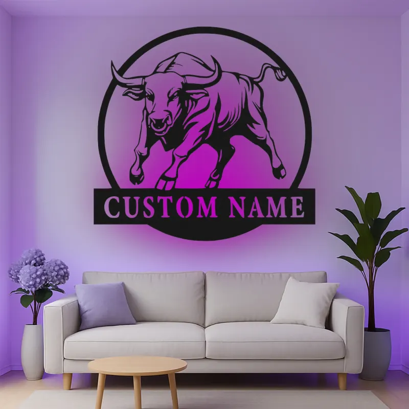 Décoration murale en métal personnalisée avec éclairage LED de taureau - Cadeau pour éleveurs - Décor de ferme rustique 1