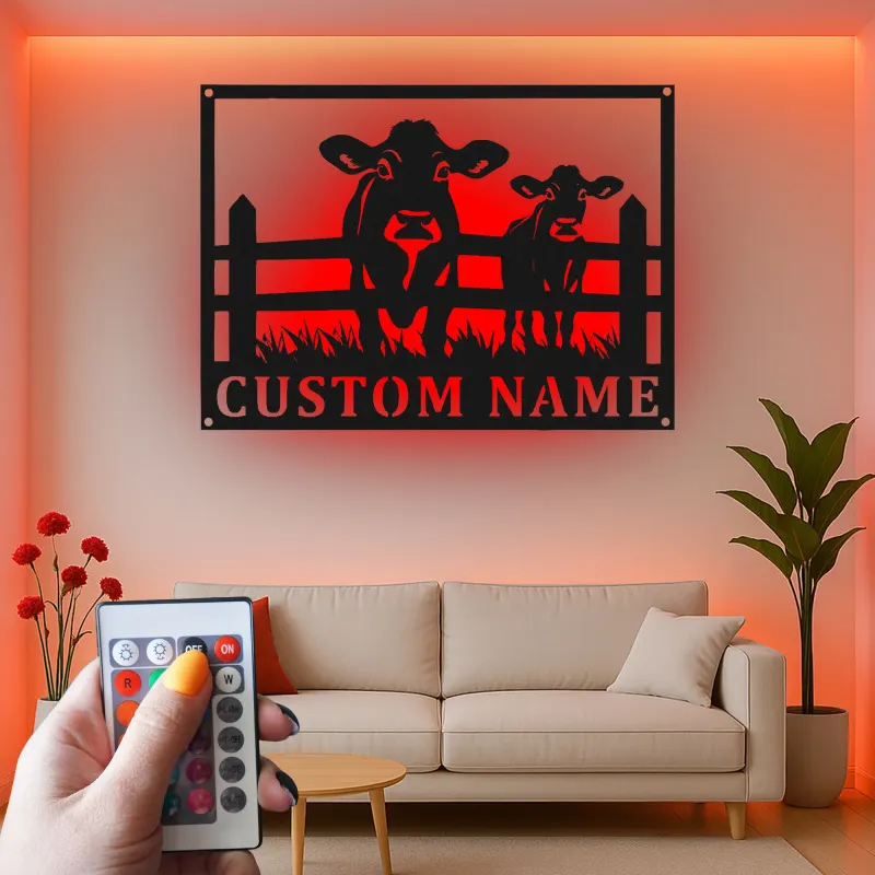 Insegna in metallo LED personalizzata con mucca e vitello - Regalo per agricoltori - Decorazione rustica per fienile