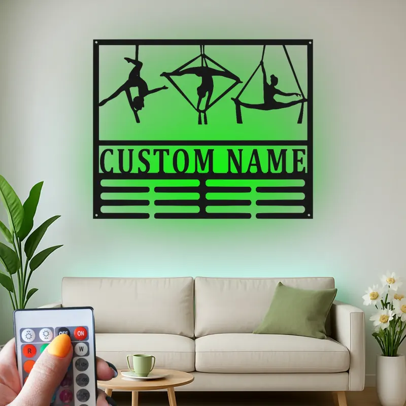 Insegna in metallo personalizzata con silhouette aerea e luce LED - Regalo per ginnasti, decorazione per studio o casa