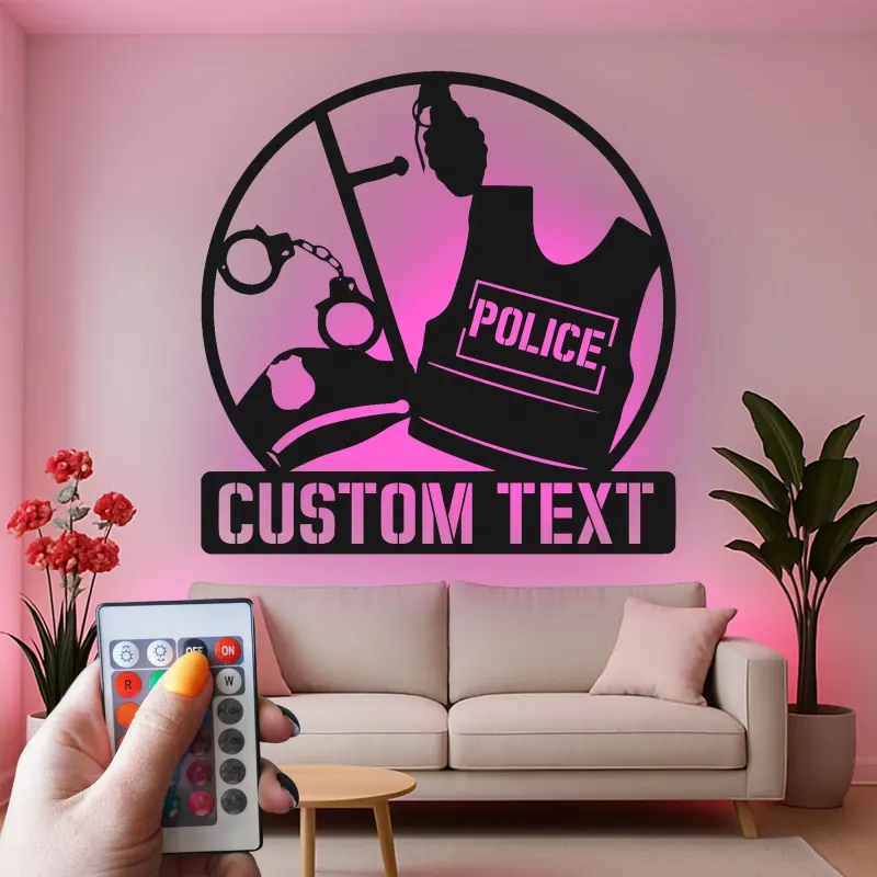 Personalized Police Gear Metal Sign | LED Law Enforcement Wall Art | Custom Officer Name Plaque | Cop Retirement & Academy Gift