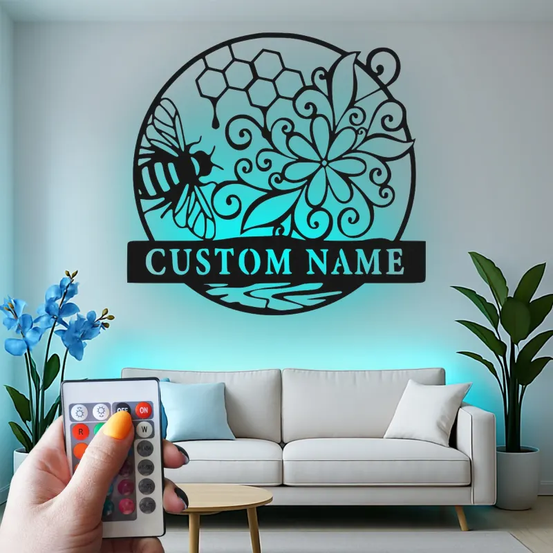 Décoration murale en métal personnalisée Abeille et Rayons de miel avec rétroéclairage pour amoureux de la nature