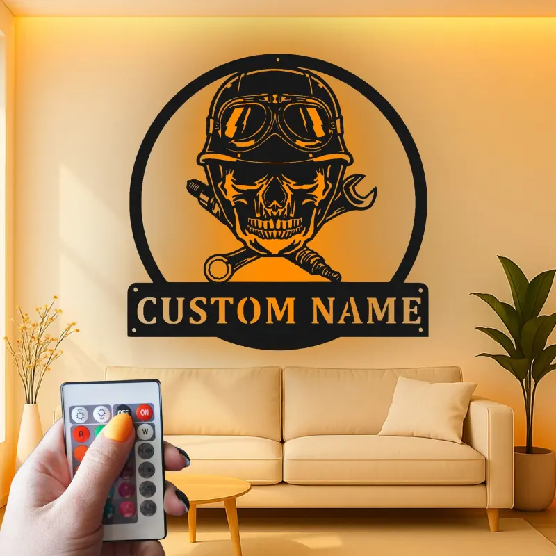 Panneau Mécanicien Crâne Personnalisé | Décoration Murale en Métal Rétroéclairée | Décor de Garage Personnalisé pour Lui | Cadeau Motard
