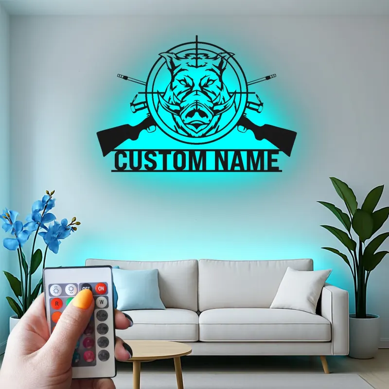 Personalized Wild Boar Hunting Sign | LED Metal Wall Art | Custom Hunter Name Decor for Cabin & Man Cave | Gift for Hunter
