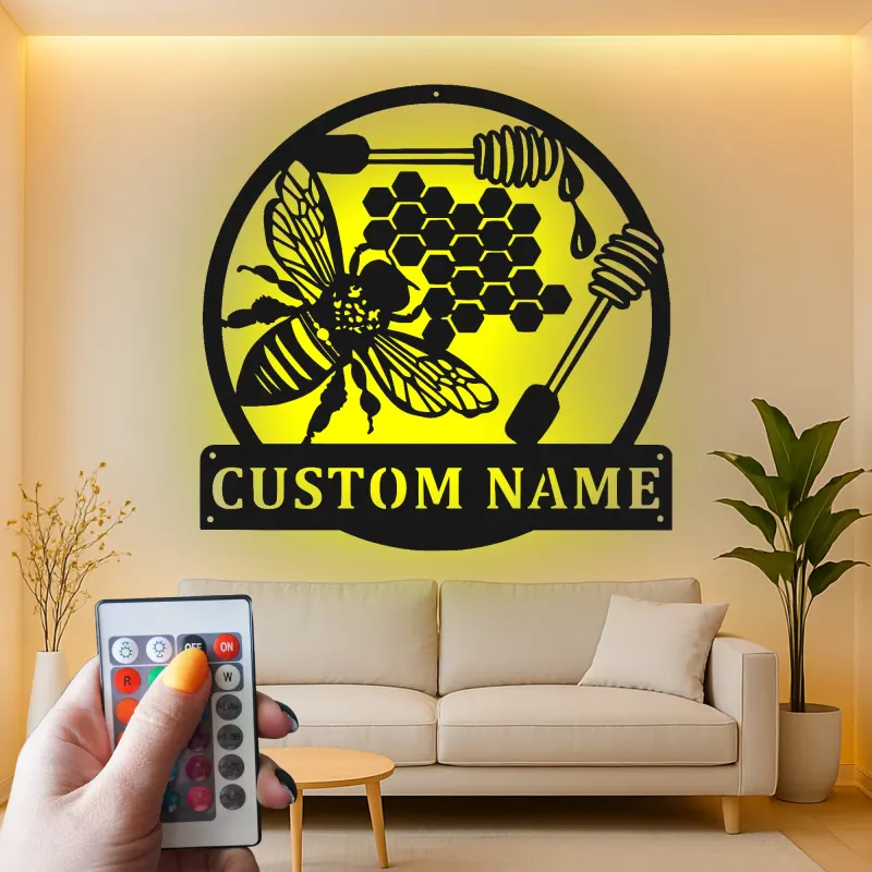 Décoration murale en métal personnalisée Abeille et Rayons de miel avec rétroéclairage