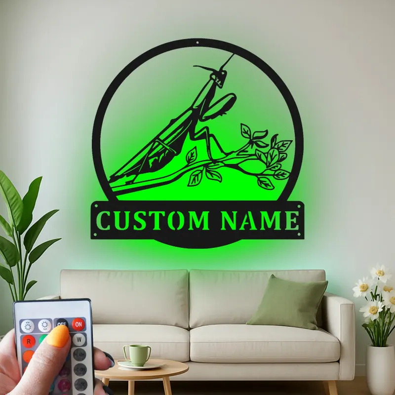 Praying Mantis LED Metal Art | Custom Name Sign for Garden Lovers | Realistic Insect Wall Decor