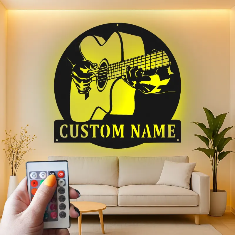 Personalized Guitar Player Metal Wall Art | LED Musician Name Sign for Music Room & Studio | Custom Guitarist Gift
