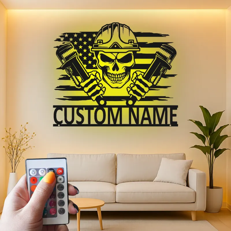 Custom Plumber Skull Metal Sign | LED Light Wall Art with American Flag | Personalized Gift for Plumbers, Workshop, or Garage Decor