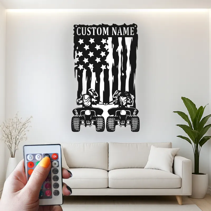 Custom ATV Riders American Flag Led Light Metal Wall Art Adventure Gift for Him Garage or Man Cave Decor