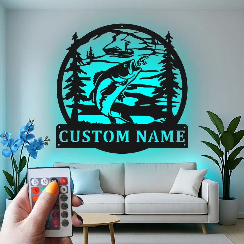 Insegna in metallo personalizzata per pesca con luce LED | Insegna con nome del pescatore | Decorazione per casa al lago e baita
