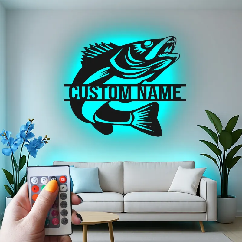 Insegna in metallo personalizzata con pesce e LED | Regalo personalizzato per pescatore | Arredo murale per casa al lago e baita