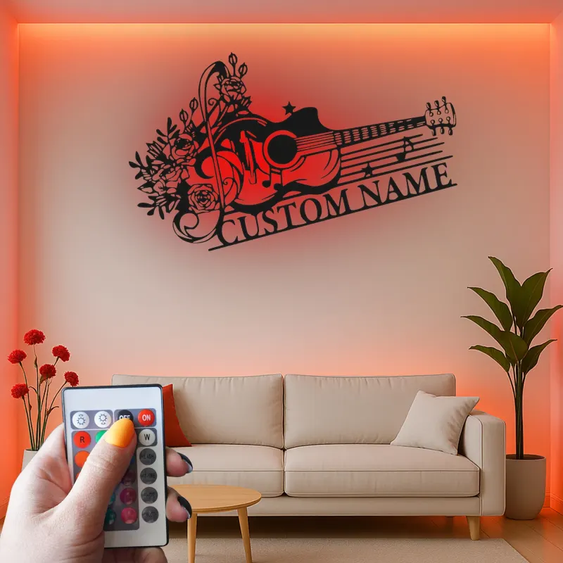 Personalized Guitar LED Sign | Custom Metal Wall Art for Music Room | Floral Musician Gift | Boho Home Decor