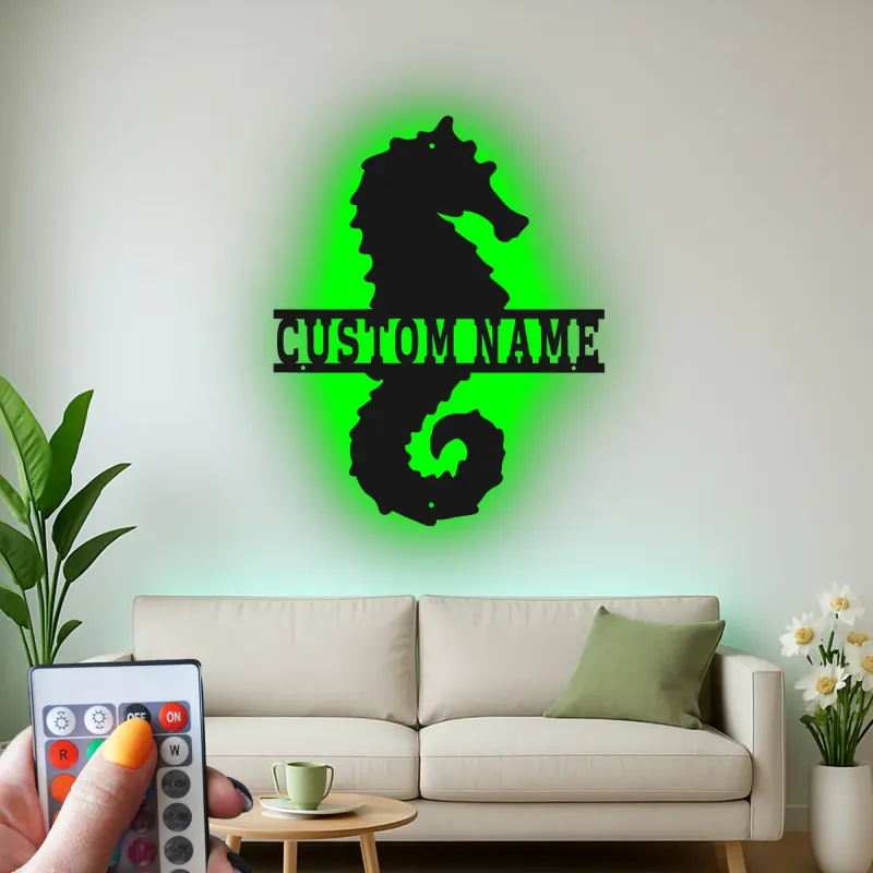 Insegna in metallo personalizzata con cavalluccio marino | Arte murale retroilluminata LED | Decorazione nautica personalizzata per casa al mare | Regalo per amanti dell'oceano