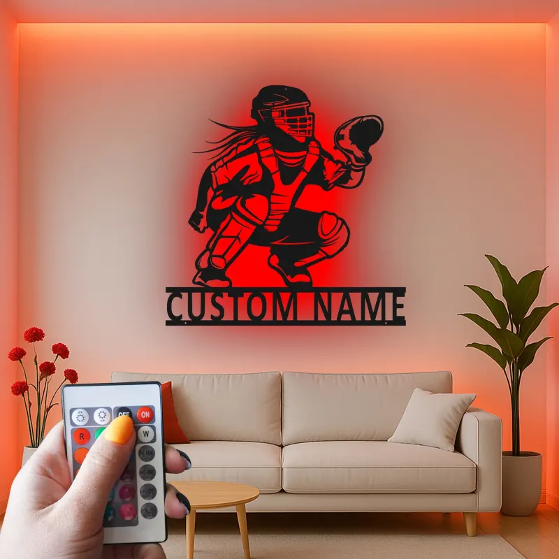 Cartel LED personalizado de receptora de softball | Arte mural de metal personalizado para habitación de chicas | Regalo para atleta femenina | Decoración de guardería deportiva