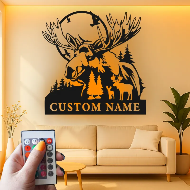 Custom Moose Family Sign | LED Lighted Metal Wall Art | Rustic Cabin Decor | Personalized Lodge Signage | Outdoorsman Gift
