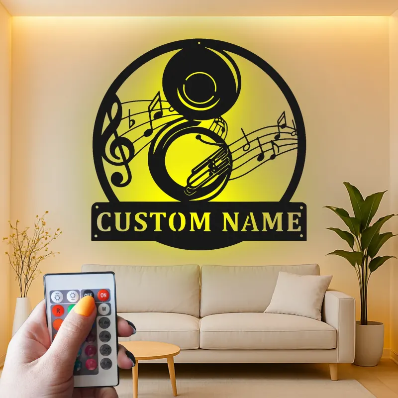 Panneau en métal LED personnalisé pour musicien | Art mural personnalisé de tuba | Décoration de notes de jazz pour studio et bar à domicile | Cadeau pour musicien