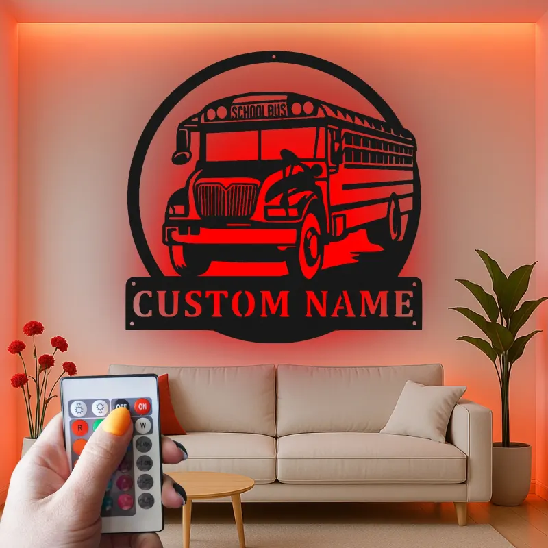 Insegna LED in metallo personalizzata scuolabus | Regalo personalizzato per autista di scuolabus | Decorazione per insegnanti | Insegna luminosa con nome