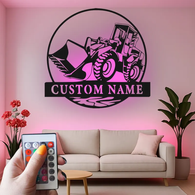 Décoration murale en métal personnalisée avec rétroéclairage Bulldozer - Cadeau pour passionnés de construction - Décor de garage ou atelier