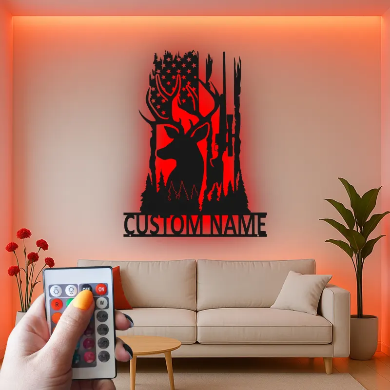Insegna in metallo personalizzata per cacciatori di cervi con luce LED regalo personalizzato per appassionati di caccia decorazione per cabine o man cave