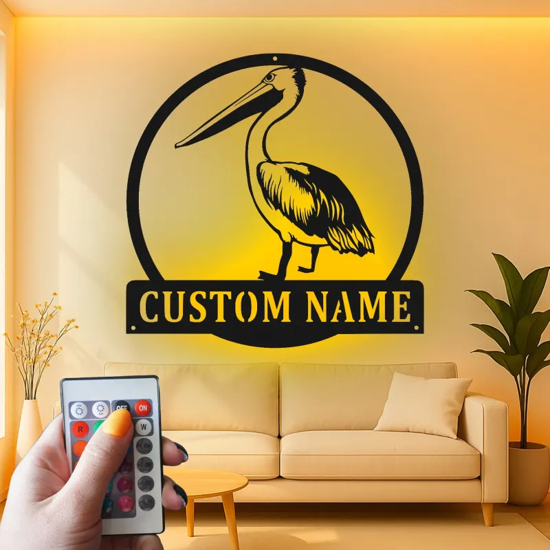 Custom Brown Pelican LED Metal Sign | Coastal Wall Art Decor | Beach House Lighted Nameplate | Personalized Nautical Gift