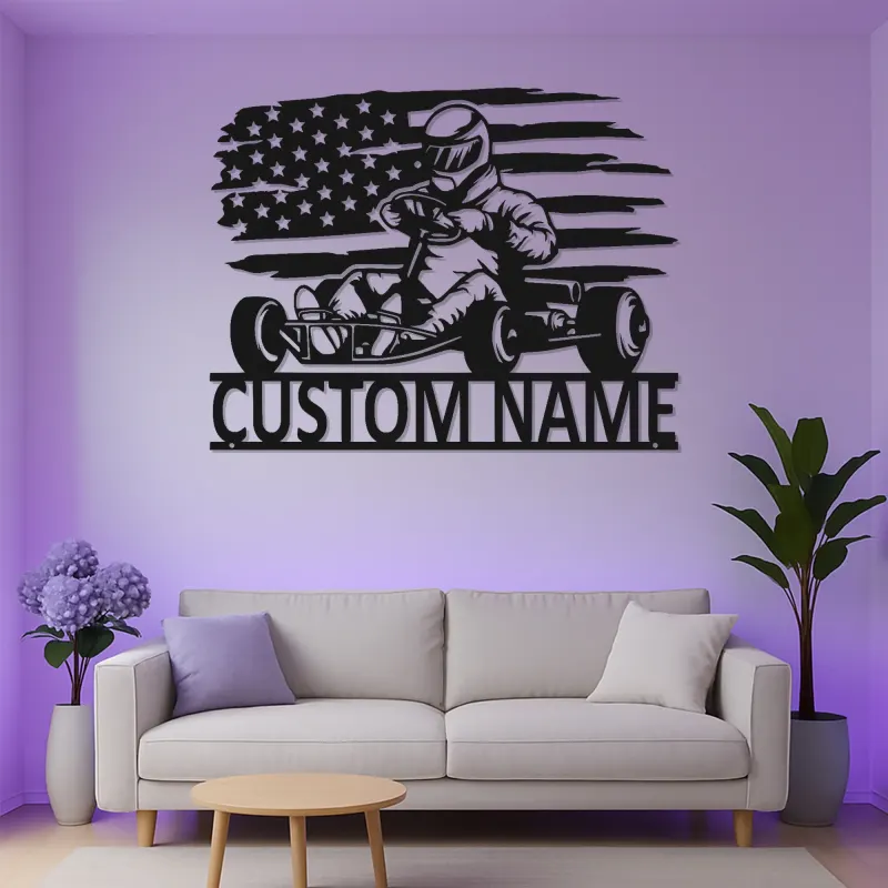 Arte mural LED de metal de piloto de karting | Letrero personalizado con nombre para carreras | Decoración con bandera americana para garaje, cueva del hombre o habitación de niño