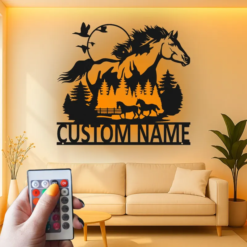 Enseigne cheval en métal avec LED | Décoration murale équestre personnalisée | Décor de ranch, grange et écurie | Cadeau pour amoureux des chevaux