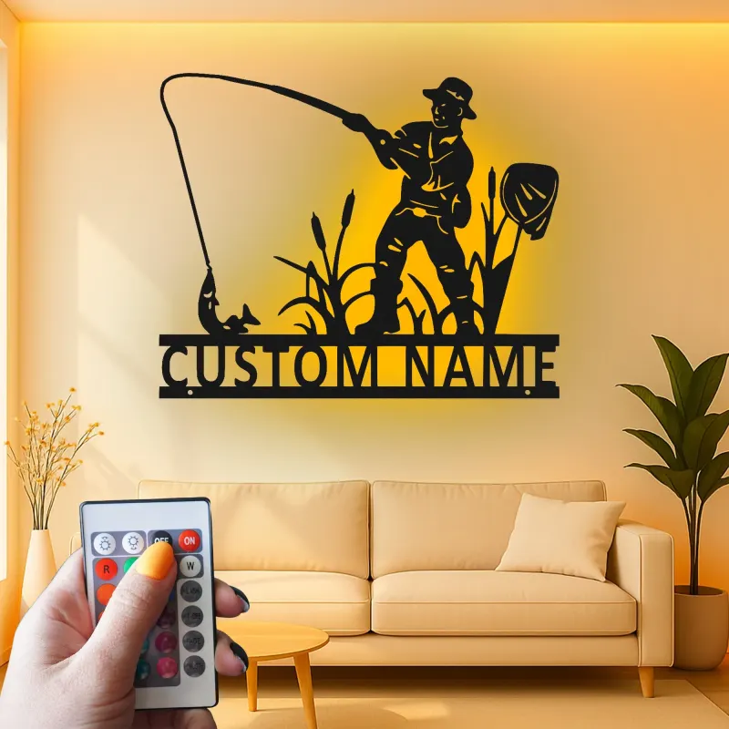 Cartel de pesca personalizado con LED | Arte mural de metal con nombre personalizado | Decoración rústica de casa de campo y regalo para pescador