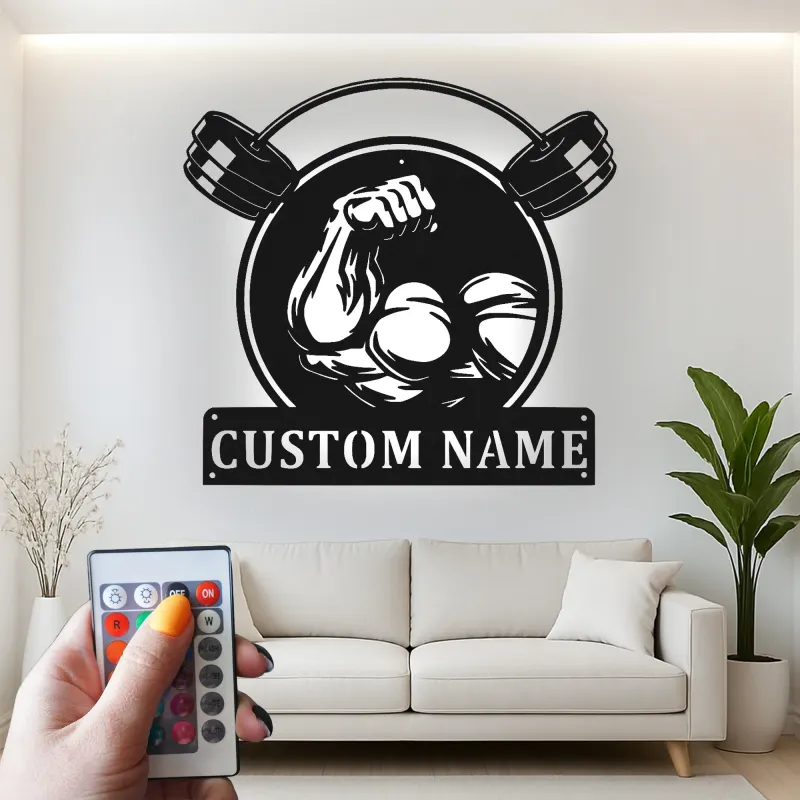 Insegna palestra personalizzata con LED | Arte da parete in metallo per sollevamento pesi | Arredo fitness su misura per home gym o studio
