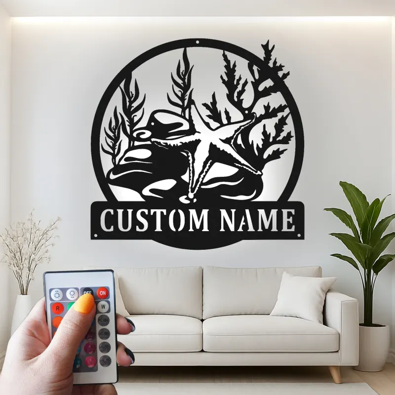 Custom Starfish Metal Sign | LED Nautical Wall Art | Personalized Beach House Decor | Coastal Ocean Scene Light