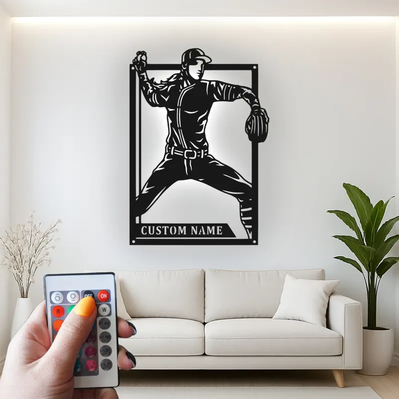 Insegna in metallo LED personalizzata con lanciatore di baseball - Regalo per appassionati di sport e decorazione per sala giochi