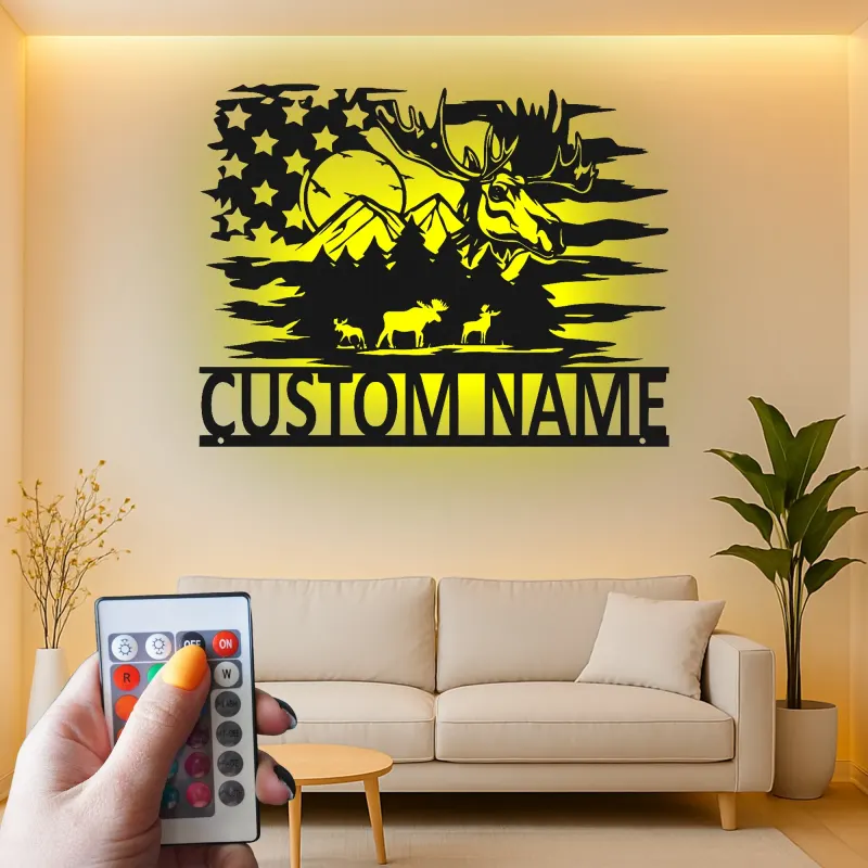 Personalized Moose Metal Sign with LED | Rustic Cabin & Lodge Wall Art | Custom American Flag Wildlife Decor for Hunters