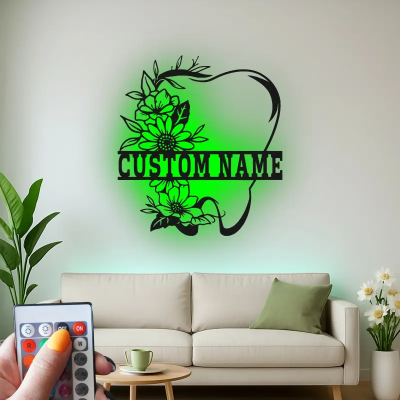 Custom Floral Tooth Led Light Metal Wall Art Personalized Dental Office Decor Unique Dentist Gift