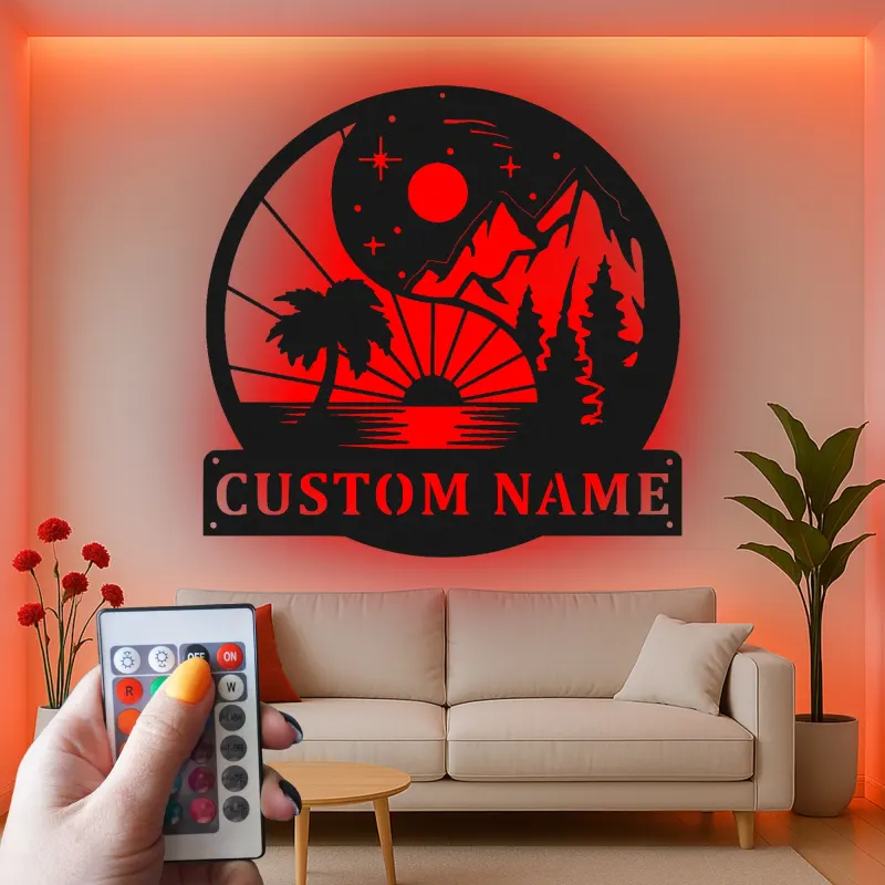 Personalized Yin Yang Metal Sign | LED Mountain Beach Art | Custom Name Decor for Home & Business