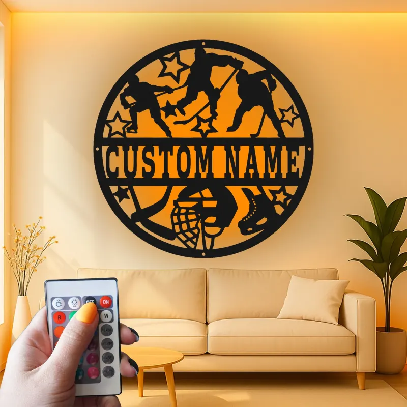 Decoración mural LED de hockey personalizada | Cartel de metal con nombre personalizado | Regalo para jugador de hockey | Decoración para habitación infantil y cueva masculina